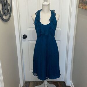 Amsale Teal Chiffon Ruffle Halter Knee Length Formal Dress